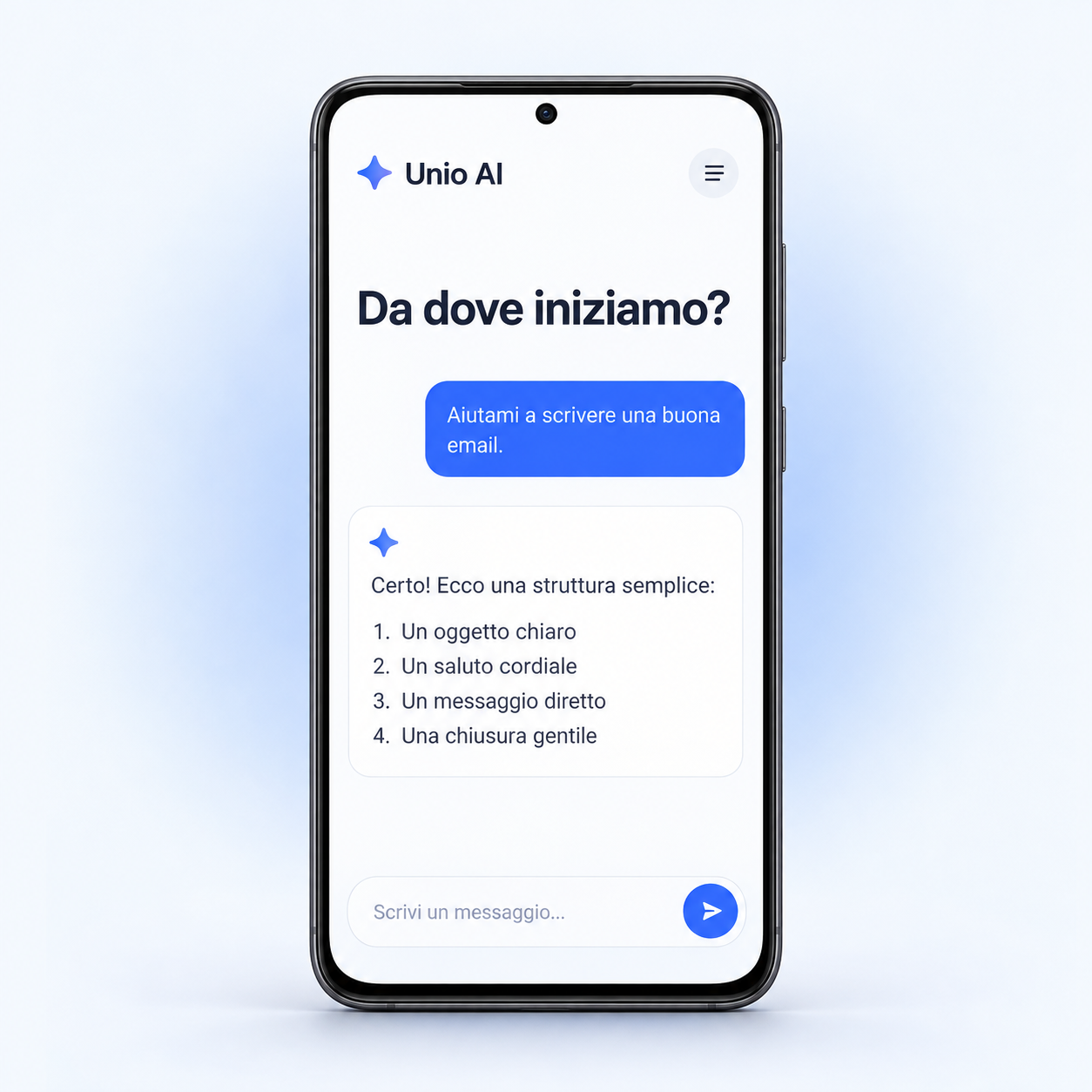 Vista previa de la aplicación Unio AI en un smartphone Android